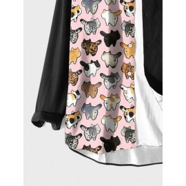 Mens Japanese Cat Print Patchwork Lapel Long Sleeve Shirts Winter