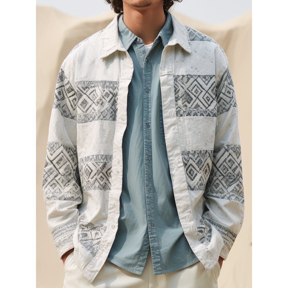 Mens Ethnic Geometric Print Patchwork Lapel Long Sleeve Shirts Winter