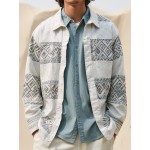 Mens Ethnic Geometric Print Patchwork Lapel Long Sleeve Shirts Winter