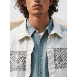 Mens Ethnic Geometric Print Patchwork Lapel Long Sleeve Shirts Winter