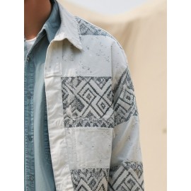Mens Ethnic Geometric Print Patchwork Lapel Long Sleeve Shirts Winter