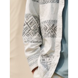 Mens Ethnic Geometric Print Patchwork Lapel Long Sleeve Shirts Winter
