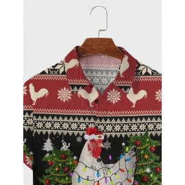 Mens Christmas Element Chicken Print Lapel Short Sleeve Shirts Winter