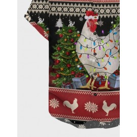 Mens Christmas Element Chicken Print Lapel Short Sleeve Shirts Winter