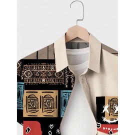 Mens Ethnic Tribal Smile Print Patchwork Lapel Short Sleeve Shirts Winter