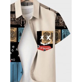 Mens Ethnic Tribal Smile Print Patchwork Lapel Short Sleeve Shirts Winter