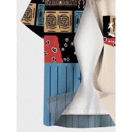 Mens Ethnic Tribal Smile Print Patchwork Lapel Short Sleeve Shirts Winter