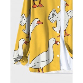 Mens Allover Cartoon Duck Print Lapel Long Sleeve Shirts Winter