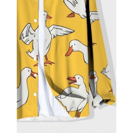 Mens Allover Cartoon Duck Print Lapel Long Sleeve Shirts Winter