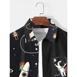 Mens Cartoon Astronaut Spaceship Print Lapel Long Sleeve Shirts Winter
