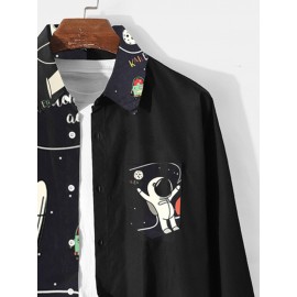 Mens Cartoon Astronaut Spaceship Print Lapel Long Sleeve Shirts Winter
