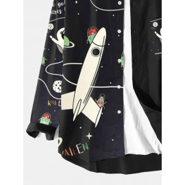 Mens Cartoon Astronaut Spaceship Print Lapel Long Sleeve Shirts Winter