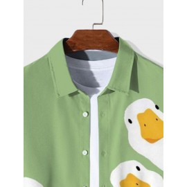 Mens Cartoon Duck Print Lapel Button Up Long Sleeve Shirts Winter