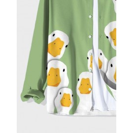 Mens Cartoon Duck Print Lapel Button Up Long Sleeve Shirts Winter