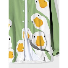 Mens Cartoon Duck Print Lapel Button Up Long Sleeve Shirts Winter