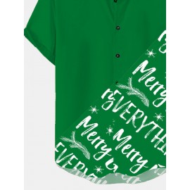 Mens Christmas Letter Print Button Up Casual Short Sleeve Shirts Winter