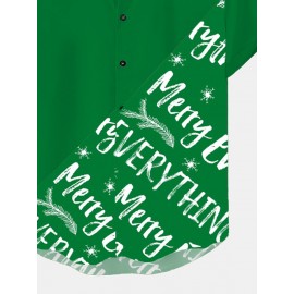 Mens Christmas Letter Print Button Up Casual Short Sleeve Shirts Winter