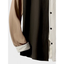 Mens Contrast Patchwork Texture Lapel Cotton Long Sleeve Shirts Winter
