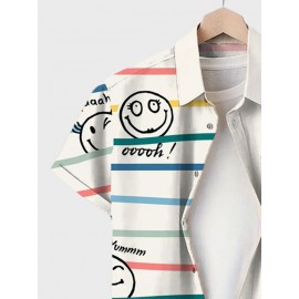 Mens Colorful Stripe Smile Print Lapel Short Sleeve Shirts Winter