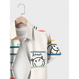 Mens Colorful Stripe Smile Print Lapel Short Sleeve Shirts Winter