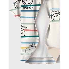 Mens Colorful Stripe Smile Print Lapel Short Sleeve Shirts Winter