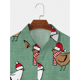 Mens Allover Christmas Chicken Print Lapel Short Sleeve Shirts Winter
