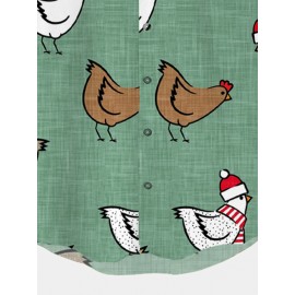 Mens Allover Christmas Chicken Print Lapel Short Sleeve Shirts Winter