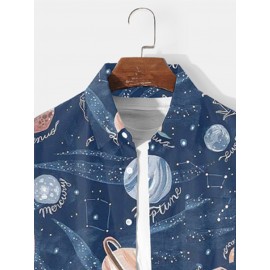 Mens Allover Galaxy Planet Print Lapel Long Sleeve Shirts Winter