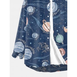 Mens Allover Galaxy Planet Print Lapel Long Sleeve Shirts Winter