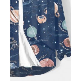 Mens Allover Galaxy Planet Print Lapel Long Sleeve Shirts Winter