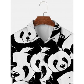 Mens Allover Panda Print Lapel Casual Short Sleeve Shirts Winter