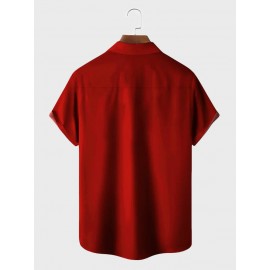 Mens Christmas Santa Claus Elk Print Patchwork Lapel Short Sleeve Shirts