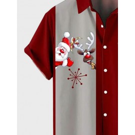 Mens Christmas Santa Claus Elk Print Patchwork Lapel Short Sleeve Shirts
