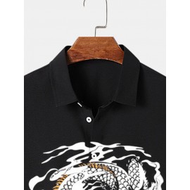 Mens Dragon Print Lapel Button Up Short Sleeve Shirts Winter