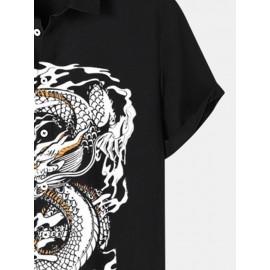 Mens Dragon Print Lapel Button Up Short Sleeve Shirts Winter