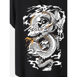 Mens Dragon Print Lapel Button Up Short Sleeve Shirts Winter