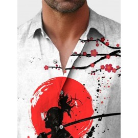 Mens Japanese Ninja Ink Splash Print Lapel Long Sleeve Shirts Winter