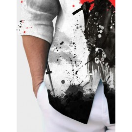 Mens Japanese Ninja Ink Splash Print Lapel Long Sleeve Shirts Winter