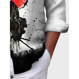 Mens Japanese Ninja Ink Splash Print Lapel Long Sleeve Shirts Winter