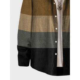 Mens Color Block Striped Patchwork Lapel Corduroy Long Sleeve Shirts Winter