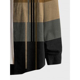 Mens Color Block Striped Patchwork Lapel Corduroy Long Sleeve Shirts Winter
