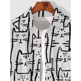 Mens Allover Cartoon Cat Print Casual Long Sleeve Shirts Winter