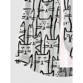 Mens Allover Cartoon Cat Print Casual Long Sleeve Shirts Winter