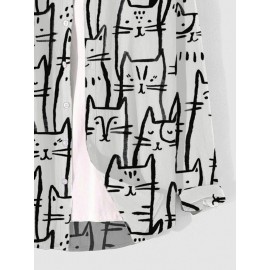 Mens Allover Cartoon Cat Print Casual Long Sleeve Shirts Winter