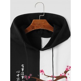Mens Chinese Plum Bossom Print Patchwork Drawstring Hoodies Winter