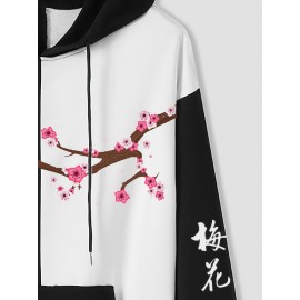 Mens Chinese Plum Bossom Print Patchwork Drawstring Hoodies Winter