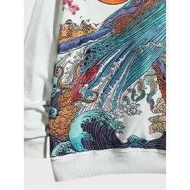 Mens Japanese Wave Back Print Kangaroo Pocket Drawstring Hoodies Winter
