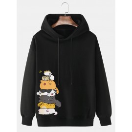 Mens Cartoon Cat Side Print Casual Drawstring Hoodies Winter