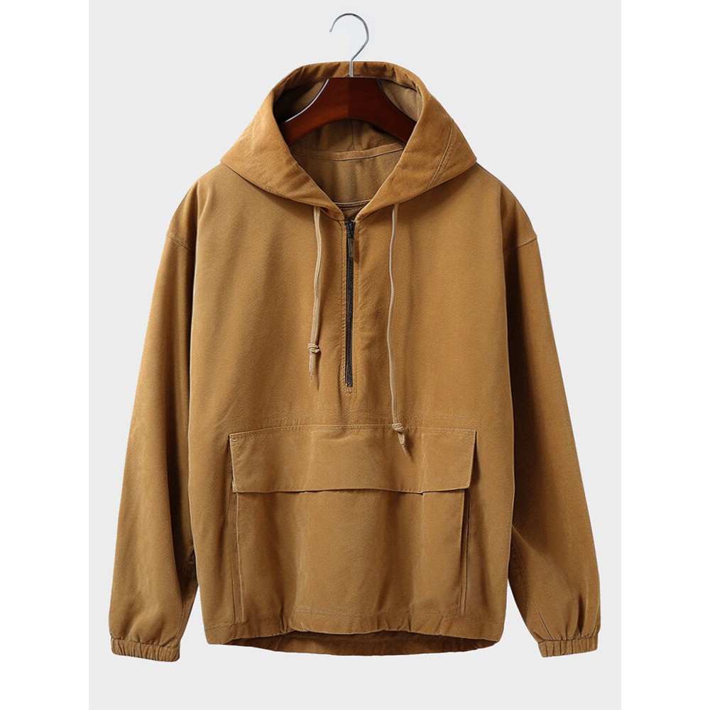 Mens Solid Half Zip Flap Pocket Casual Drawstring Hoodies Winter