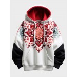 Mens Ethnic Floral Print Patchwork Kangaroo Pocket Drawstring Hoodies Winter
